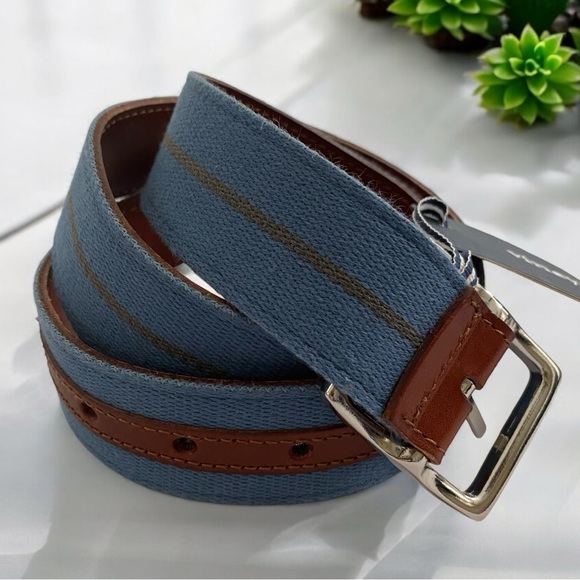 Men’s Vineyard Vines NWT Reversible Leather & Webbing Navy & Brown Stripe Belt - Picture 1 of 7